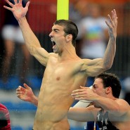 Aug. 11, 2008; Beijing, CHINA; Michael Phelps (USA) celebrates after winning the Mens 4x100m freestyle relay final at the National Aquatics Center during the 2008 Beijing Olympics. Mandatory Credit: Mark J. Rebilas-US PRESSWIRE